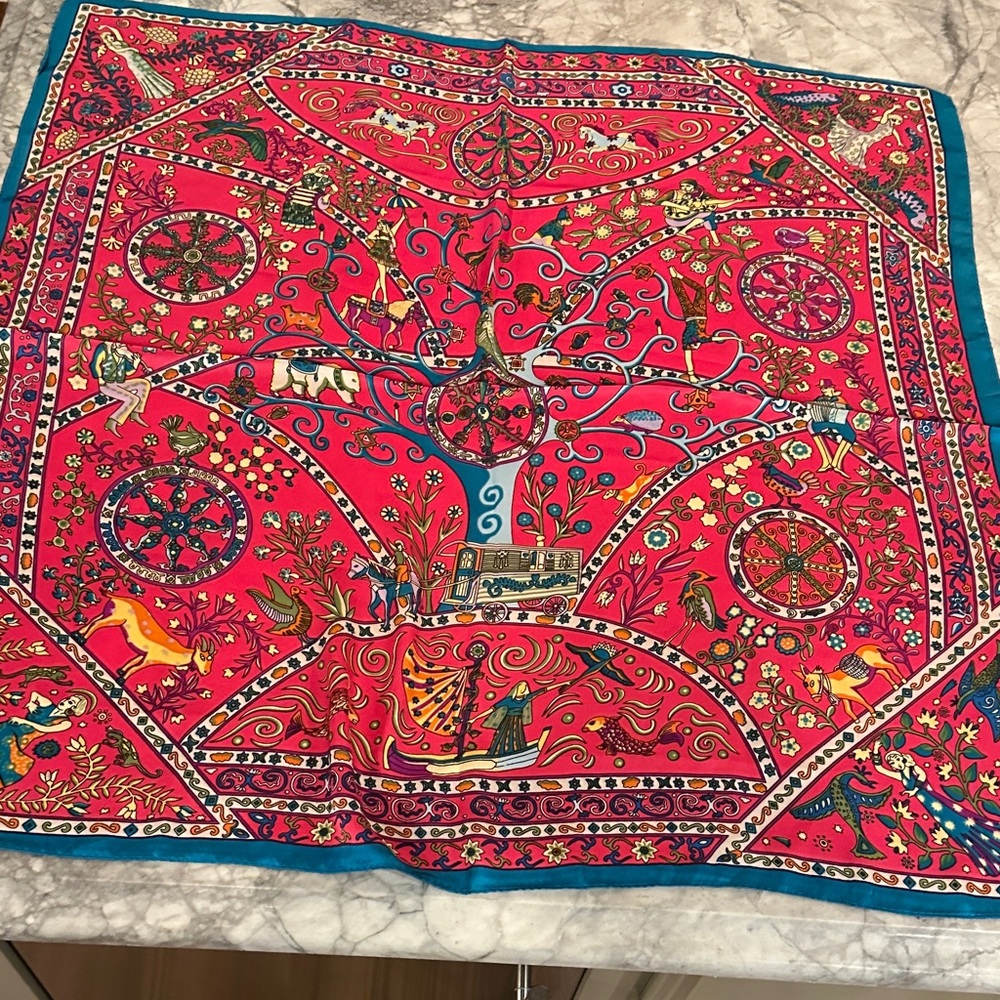 Vibrant Red and Blue Silk Scarf